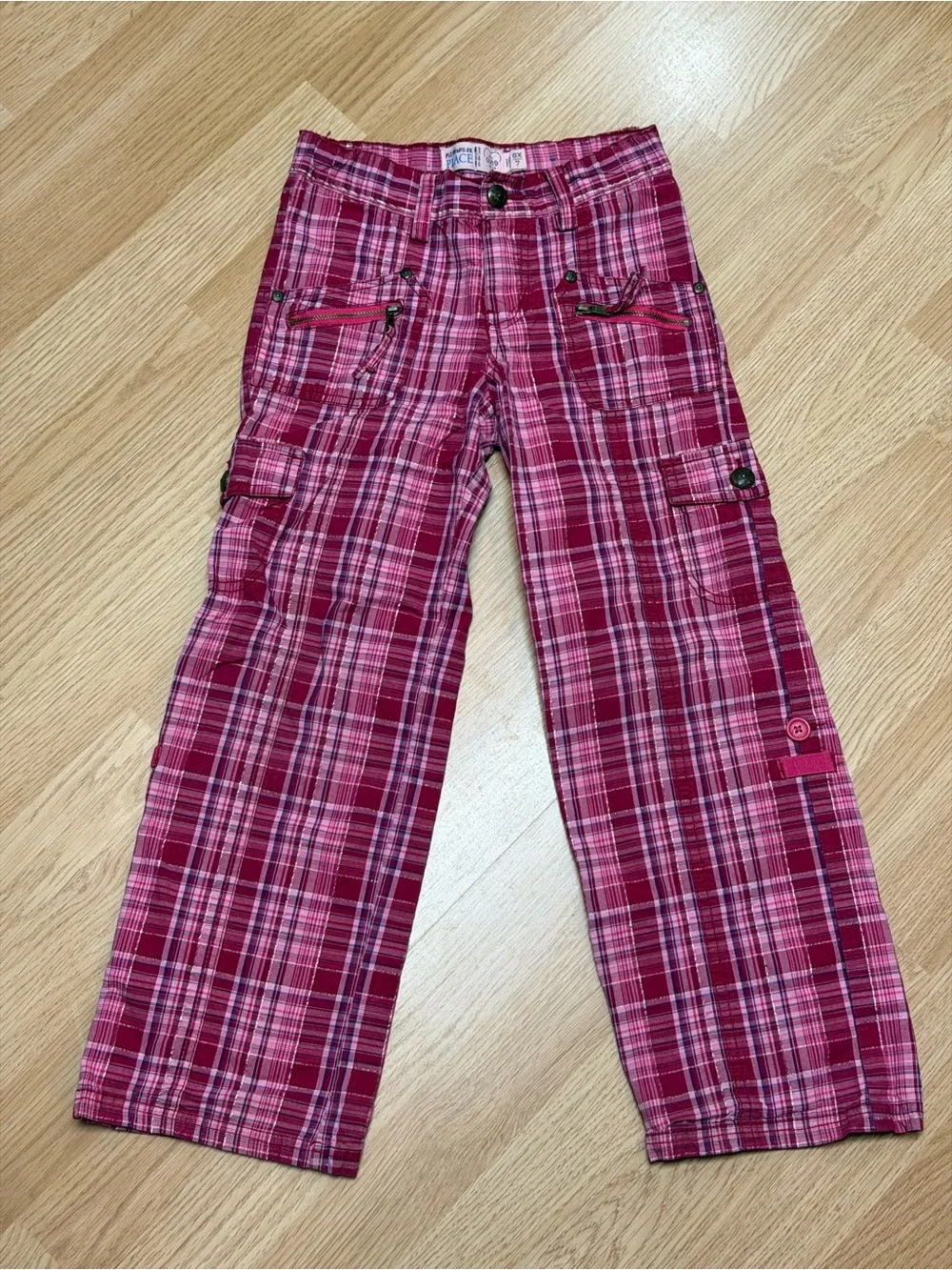 The Children’s Place Girls Pink Plaid Cargo Pants Zip Pockets Size 6X/7